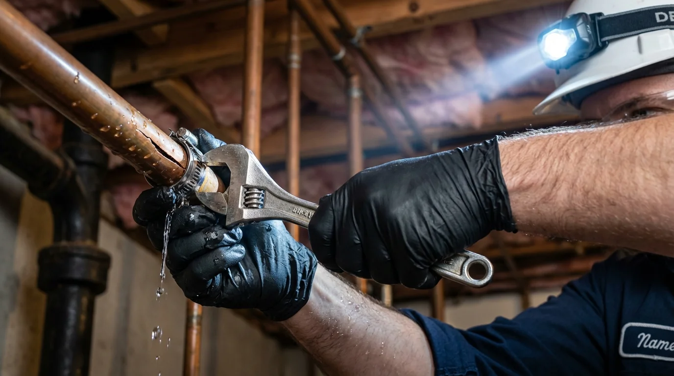 Emergency pipe clamp repair being performed by a Johns Plumbing LLC plumber in Fort Meade