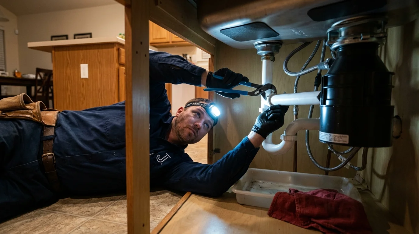 P-trap and supply line connections under a kitchen sink showing a common leak point in Fort Meade, FL